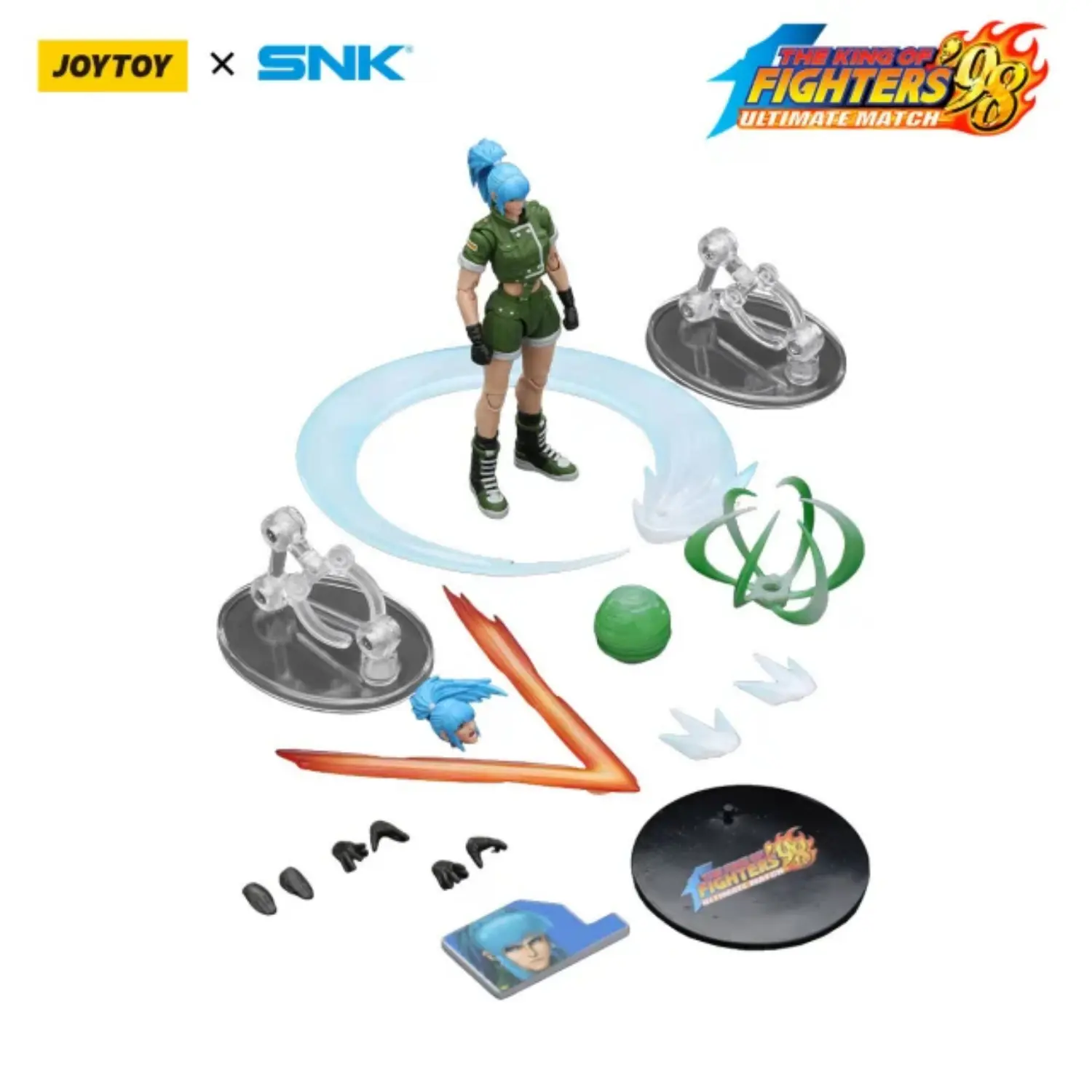the parts of the Action Figure - Leona Heidern KOF _98 UM Ikari Warriors Team SNK 1 18 - JOYTOY The King of Fighters in white background