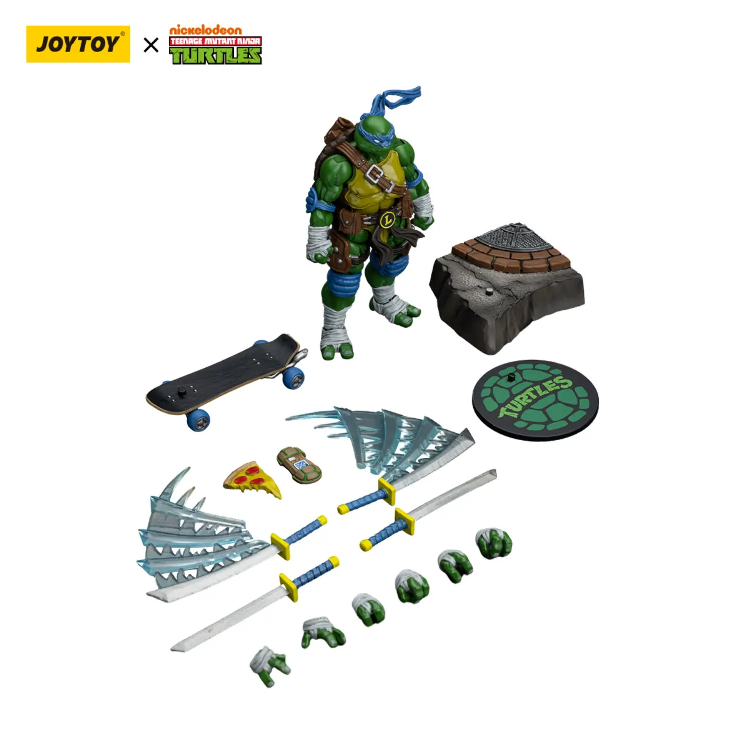 the parts of the Action Figure - Leonardo TMNT Nickelodeon 1 18 - JOYTOY Teenage Mutant Ninja Turtles in white background