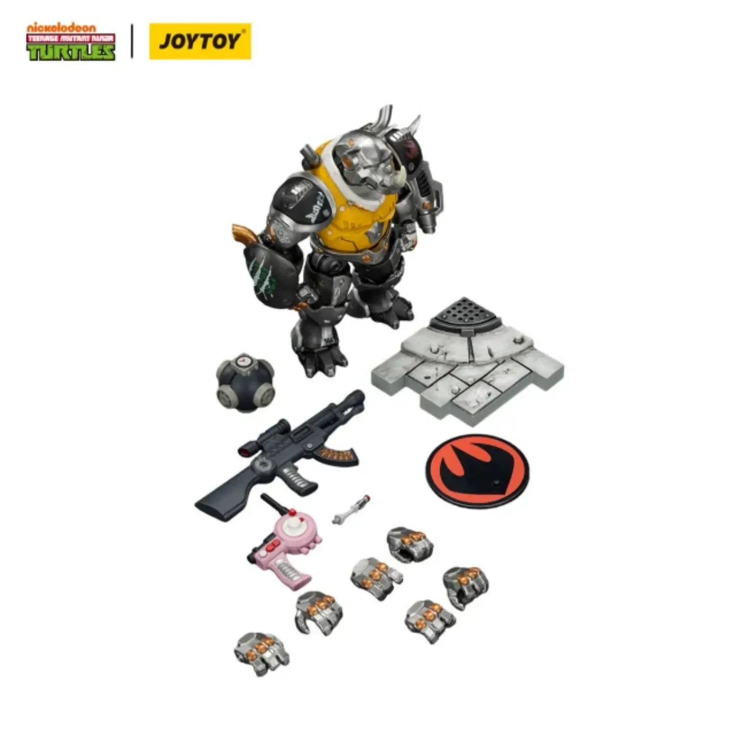 the parts of the Action Figure - Mighty Rocksteady TMNT Nickelodeon 1 18 - JOYTOY Teenage Mutant Ninja Turtles in white background The Parts Of The Action Figure Mighty Rocksteady Tmnt Nickelodeon 1 18 Joytoy Teenage Mutant Ninja Turtles In White Background