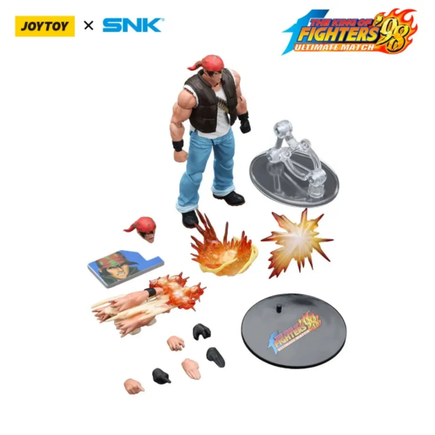 the parts of the Action Figure - Ralf Jones KOF _98 UM Ikari Warriors Team SNK 1 18 - JOYTOY The King of Fighters in white background Action Figure - Ralf Jones KOF '98 UM Ikari Warriors Team SNK 1/18 - JOYTOY The King of Fighters