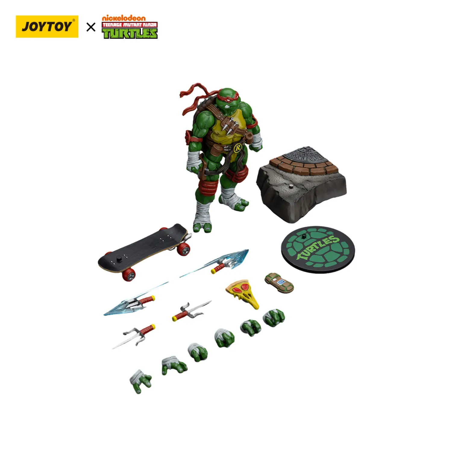 the parts of the Action Figure - Raphael TMNT Nickelodeon 1 18 - JOYTOY Teenage Mutant Ninja Turtles in white background the parts of the Action Figure - Raphael TMNT Nickelodeon 1 18 - JOYTOY Teenage Mutant Ninja Turtles in white background