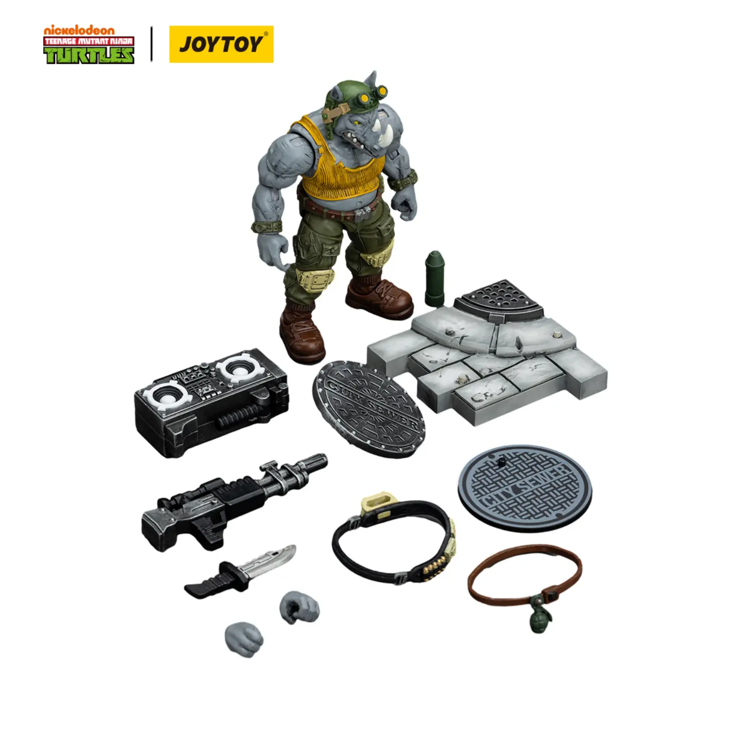 the parts of the Action Figure - Rocksteady TMNT Nickelodeon 1 18 - JOYTOY Teenage Mutant Ninja Turtles in white background The Parts Of The Action Figure Rocksteady Tmnt Nickelodeon 1 18 Joytoy Teenage Mutant Ninja Turtles In White Background
