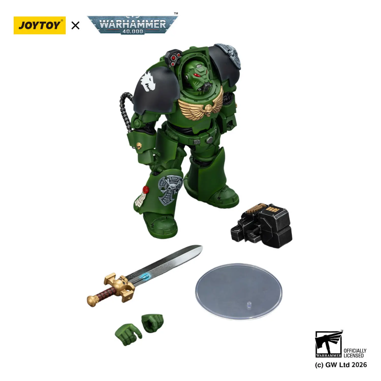 the parts of the Action Figure - Salamanders Terminator 1 with Power Sword and Storm Bolter 1 18 - JOYTOY Warhammer 40K in white background the parts of the Action Figure - Salamanders Terminator 1 with Power Sword and Storm Bolter 1 18 - JOYTOY Warhammer 40K in white background