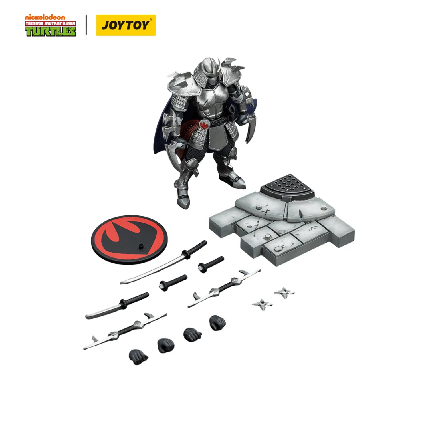 the parts of the Action Figure - Shredder TMNT Nickelodeon 1 18 - JOYTOY Teenage Mutant Ninja Turtles in white background the parts of the Action Figure - Shredder TMNT Nickelodeon 1 18 - JOYTOY Teenage Mutant Ninja Turtles in white background