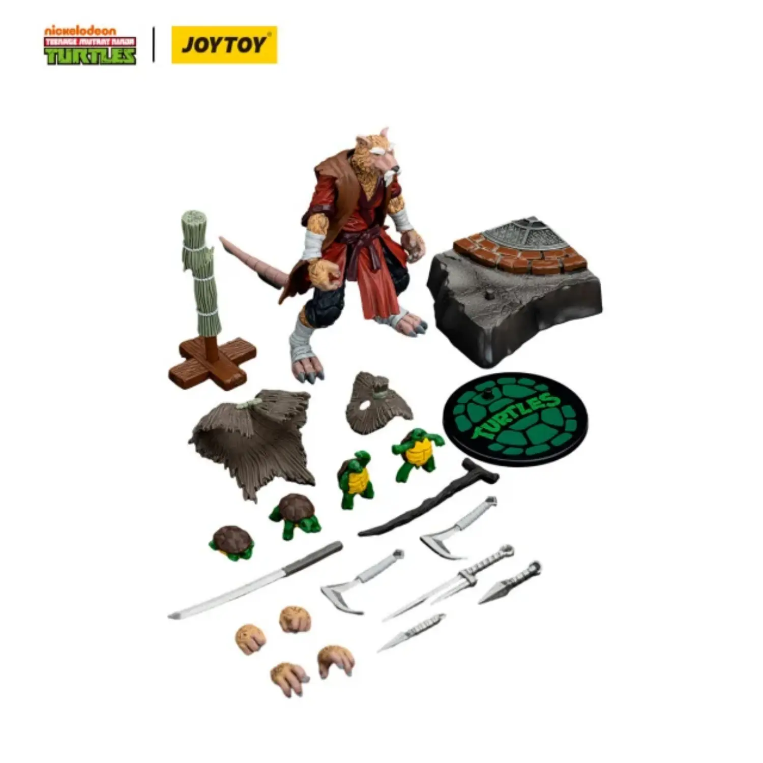 the parts of the Action Figure - Splinter with Baby Turtles TMNT Nickelodeon 1 18 - JOYTOY Teenage Mutant Ninja Turtles in white background The Parts Of The Action Figure Splinter With Baby Turtles Tmnt Nickelodeon 1 18 Joytoy Teenage Mutant Ninja Turtles In White Background
