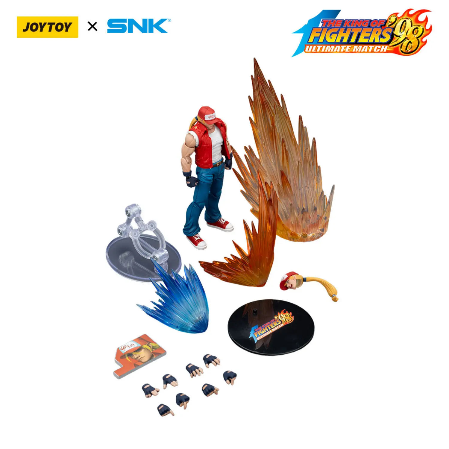 the parts of the Action Figure - Terry Bogard KOF _98 UM Fatal Fury Team SNK 1 18 - JOYTOY The King of Fighters in white background Action Figure - Terry Bogard KOF '98 UM Fatal Fury Team SNK 1/18 - JOYTOY The King of Fighters