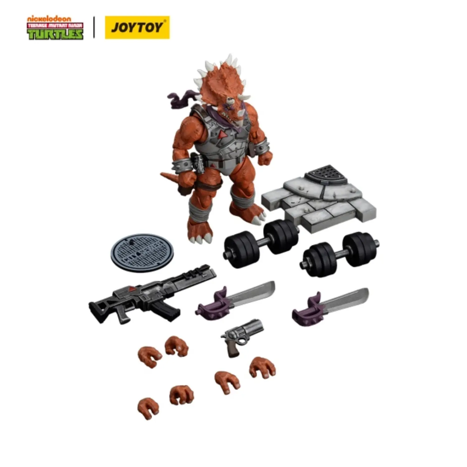 the parts of the Action Figure - Triceraton Infantryman TMNT Nickelodeon 1 18 - JOYTOY Teenage Mutant Ninja Turtles in white background The Parts Of The Action Figure Triceraton Infantryman Tmnt Nickelodeon 1 18 Joytoy Teenage Mutant Ninja Turtles In White Background