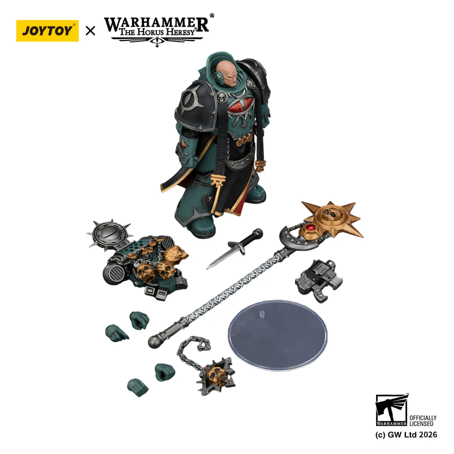 the parts of the Action Figure – JoyToy 1/18 Sons of Horus Dark Emissary Consul with Staff – Warhammer The Horus Heresy in white background