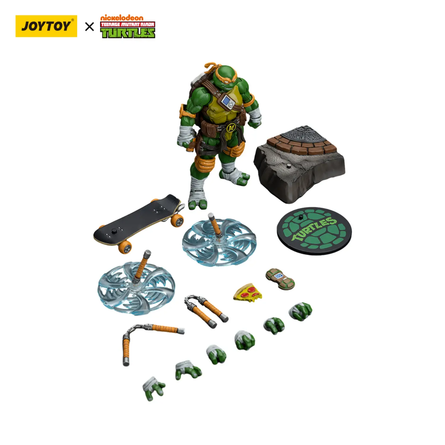 the parts of the Action Figure – Michelangelo TMNT Nickelodeon 1 18 – JOYTOY Teenage Mutant Ninja Turtles in white background the parts of the Action Figure – Michelangelo TMNT Nickelodeon 1 18 – JOYTOY Teenage Mutant Ninja Turtles in white background