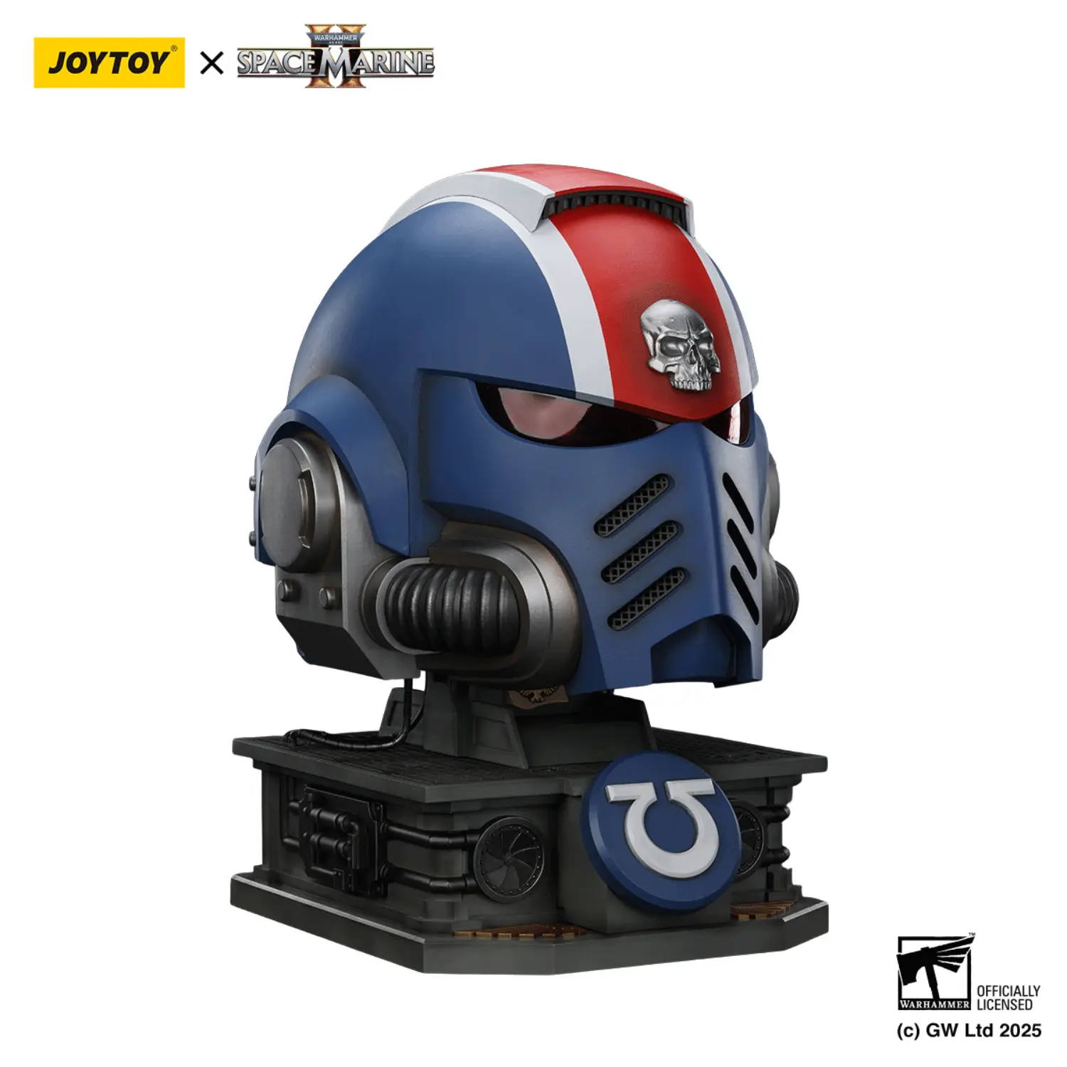 the right front of Action Figure Helmet - Ultramarines Lieutenant Titus' MkX Helmet & Display Stand 1 1 Life-Size Wearable Replica - JOYTOY Warhammer 40K in white background The Right Front Of Action Figure Helmet Ultramarines Lieutenant Titus' Mkx Helmet & Display Stand 1 1 Life Size Wearable Replica Joytoy Warhammer 40k In White Background