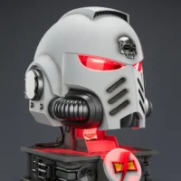 the right front side of the Action Figure - JOYTOY White Scars MkX Helmet & Display Stand 1 1 Life-Size Replica with red lighitng - Warhammer 40K rentangle image the right front side of the Action Figure - JOYTOY White Scars MkX Helmet & Display Stand 1 1 Life-Size Replica with red lighitng - Warhammer 40K rentangle image