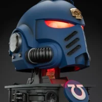 The Right Of Hte Action Figure Joytoy Ultramarines Captain Mkx Helmet With Red Lighting & Display Stand 1 1 Life Size Replica Warhammer 40k Rectangle Image 13