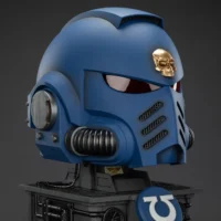 The Right Of The Action Figure Joytoy Ultramarines Captain Mkx Helmet & Display Stand 1 1 Life Size Replica Warhammer 40k Rectangle Image