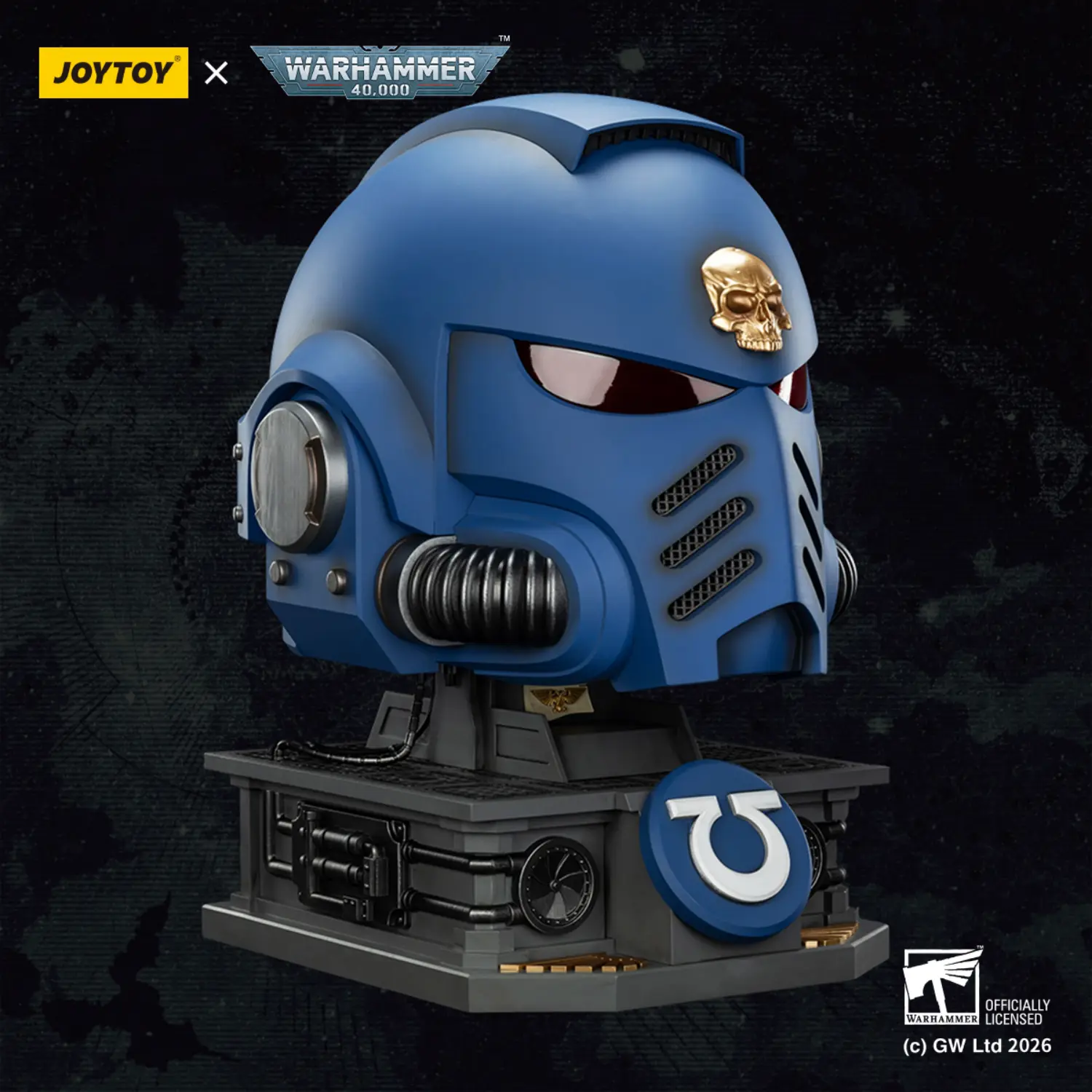 The Right Of The Action Figure Joytoy Ultramarines Captain Mkx Helmet & Display Stand In Dark Background 1 1 Life Size Replica Warhammer 40k