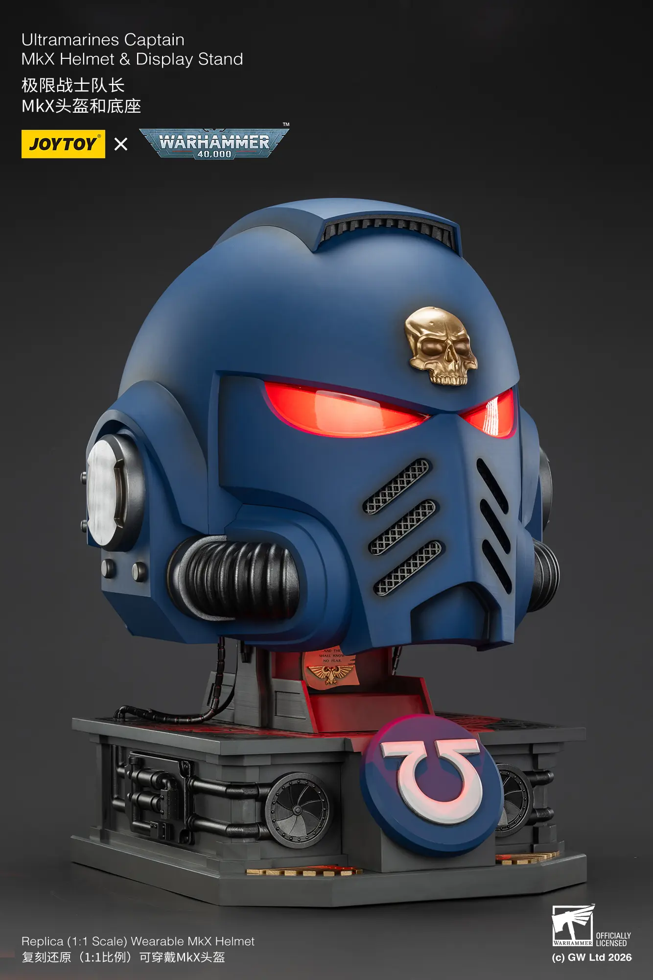 The Right Of The Action Figure Joytoy Ultramarines Captain Mkx Helmet With Red Lighting & Display Stand 1 1 Life Size Replica Warhammer 40k Rectangle Image 10