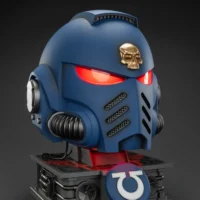 The Right Of The Action Figure Joytoy Ultramarines Captain Mkx Helmet With Red Lighting & Display Stand 1 1 Life Size Replica Warhammer 40k Rectangle Image 16