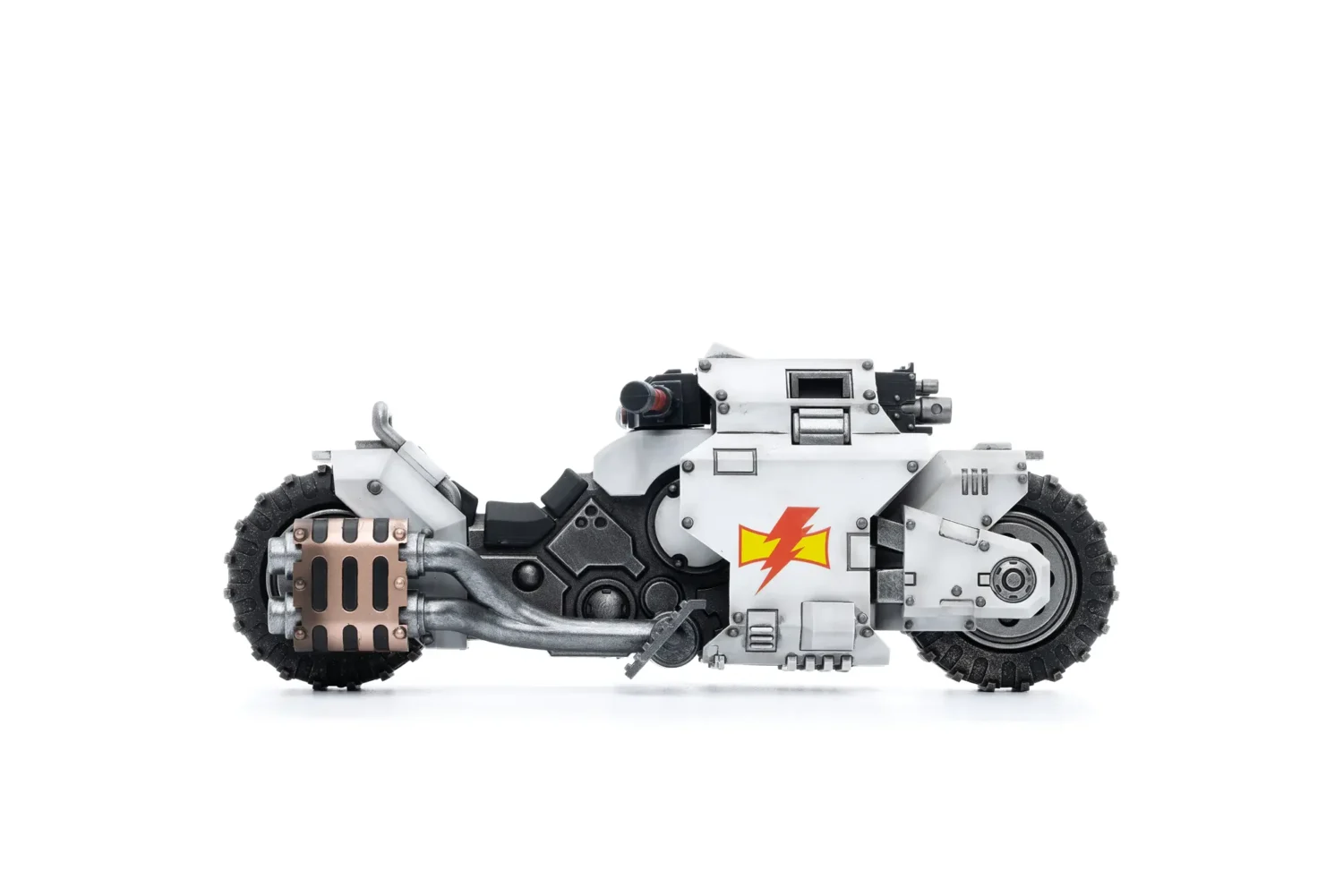 the right side of Action Figure Vehicle - White Scars Raider-pattern Combat Bike 1 18 - JOYTOY Warhammer 40K in white background rectangle image The Right Side Of Action Figure Vehicle White Scars Raider Pattern Combat Bike 1 18 Joytoy Warhammer 40k In White Background Rectangle Image