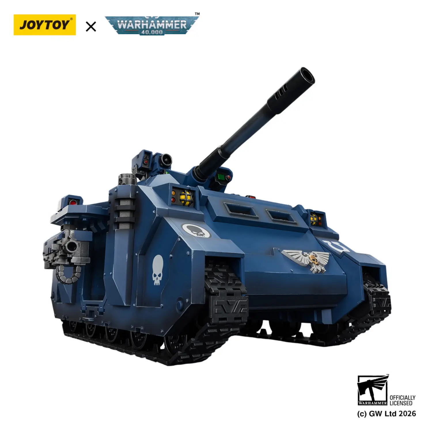 the right side of the Action Figure - JoyToy Ultramarines Predator Destructor Tank with Turret-mounted Autocannon and Sponson-mounted Heavy Bolters 1 18 - Warhammer 40K Vehicle in white background