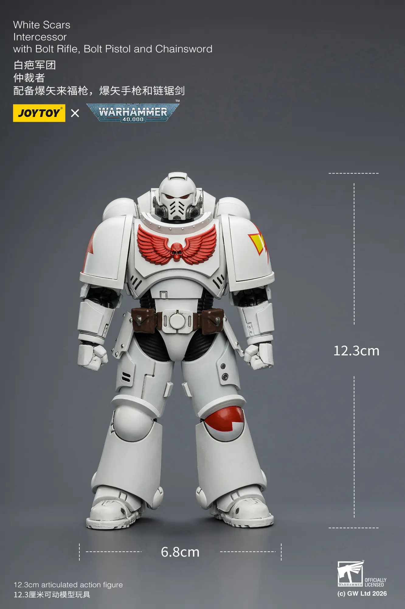 the size of the Action Figure - JOYTOY White Scars Intercessor with Bolt Rifle, Bolt Pistol and Chainsword 1 18 - Warhammer 40K rectangle image