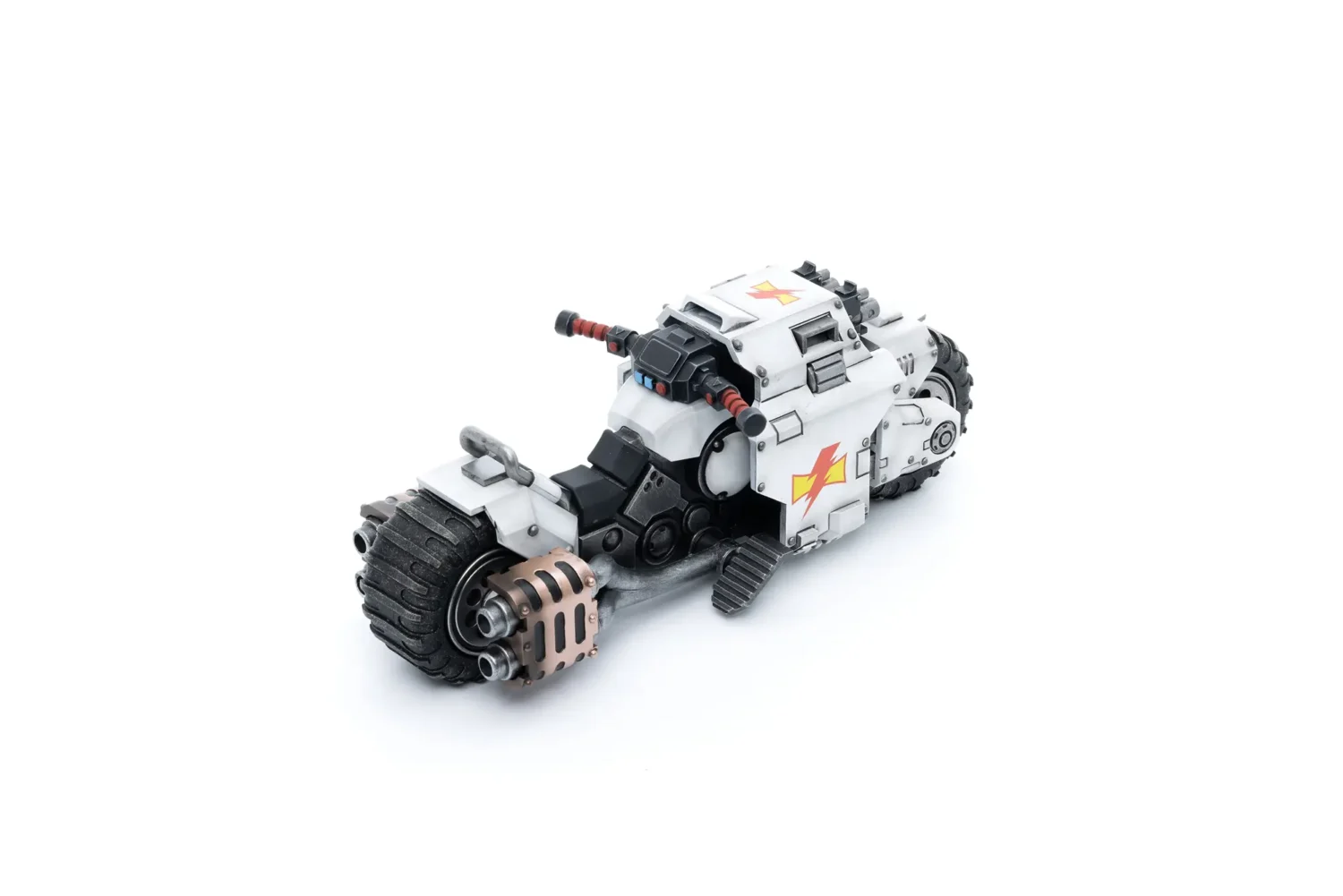 the upward back right side of Action Figure Vehicle - White Scars Raider-pattern Combat Bike 1 18 - JOYTOY Warhammer 40K in white background rectangle image The Upward Back Right Side Of Action Figure Vehicle White Scars Raider Pattern Combat Bike 1 18 Joytoy Warhammer 40k In White Background Rectangle Image