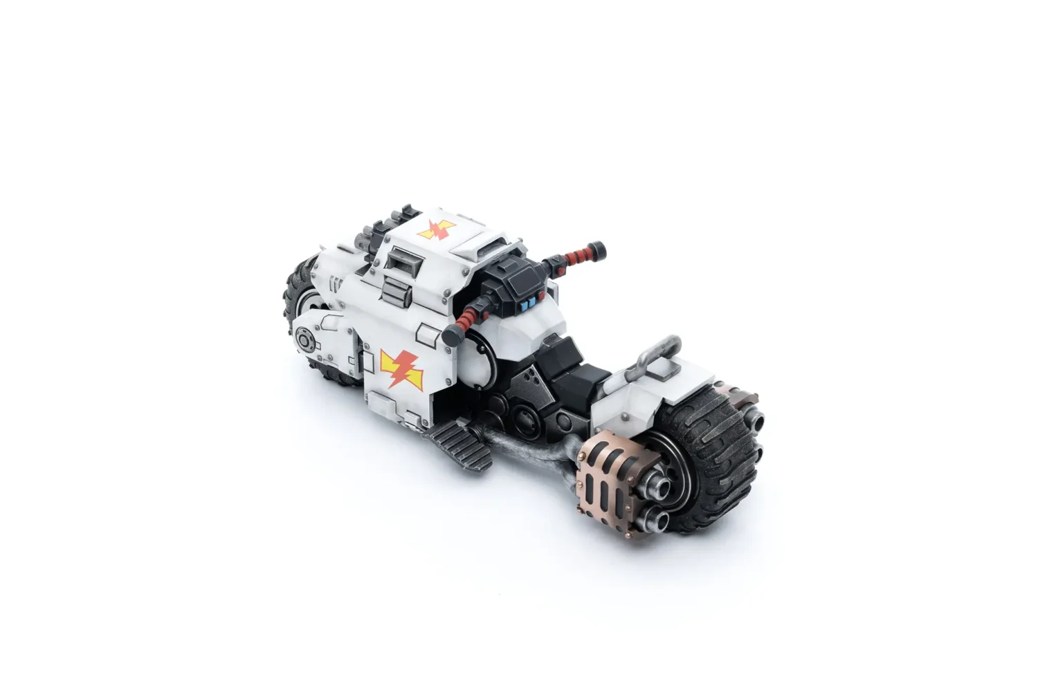 the upward left back side of Action Figure Vehicle - White Scars Raider-pattern Combat Bike 1 18 - JOYTOY Warhammer 40K in white background rectangle image The Upward Left Back Side Of Action Figure Vehicle White Scars Raider Pattern Combat Bike 1 18 Joytoy Warhammer 40k In White Background Rectangle Image