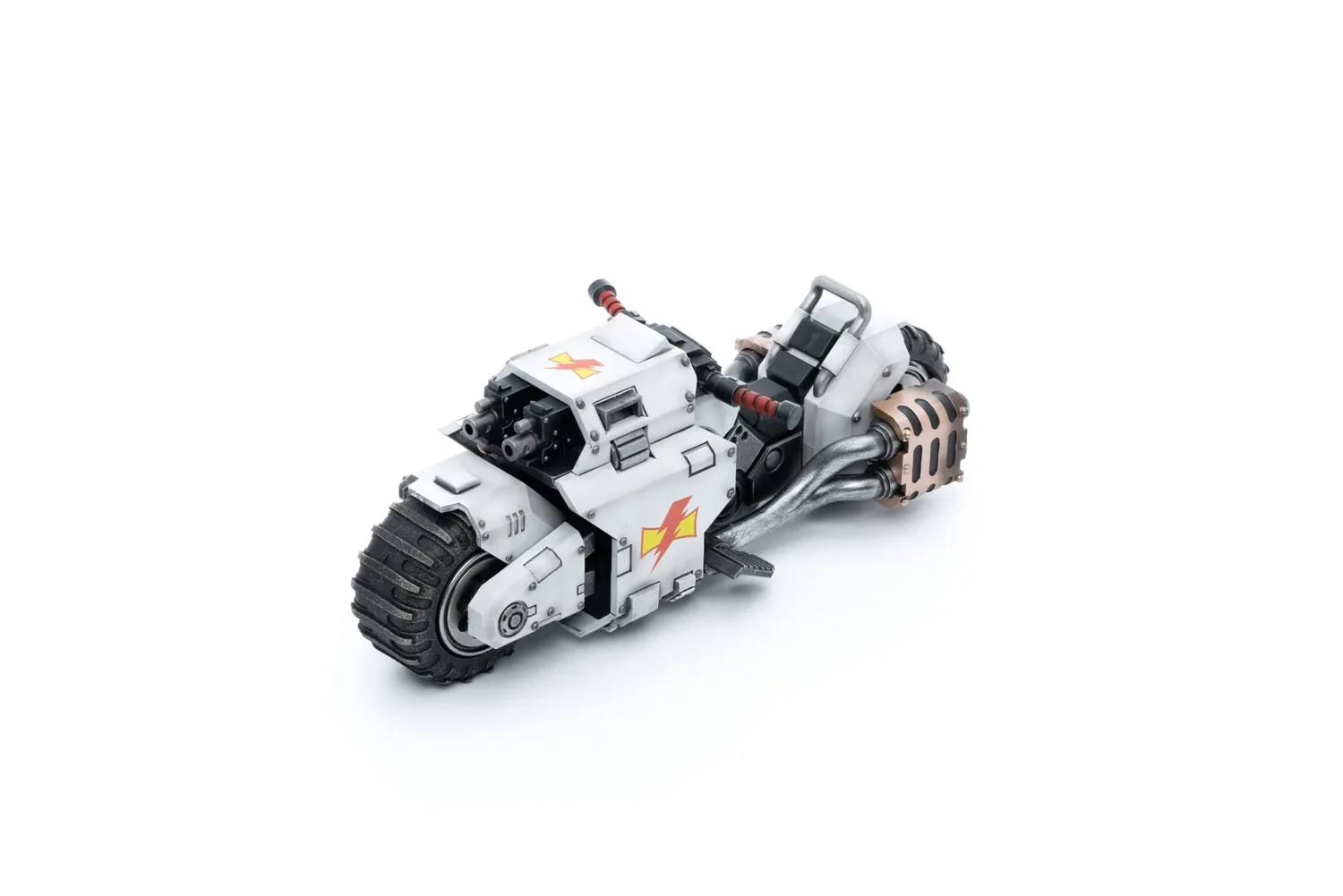 the upward left front of Action Figure Vehicle - White Scars Raider-pattern Combat Bike 1 18 - JOYTOY Warhammer 40K in white background rectangle image The Upward Left Front Of Action Figure Vehicle White Scars Raider Pattern Combat Bike 1 18 Joytoy Warhammer 40k In White Background Rectangle Image