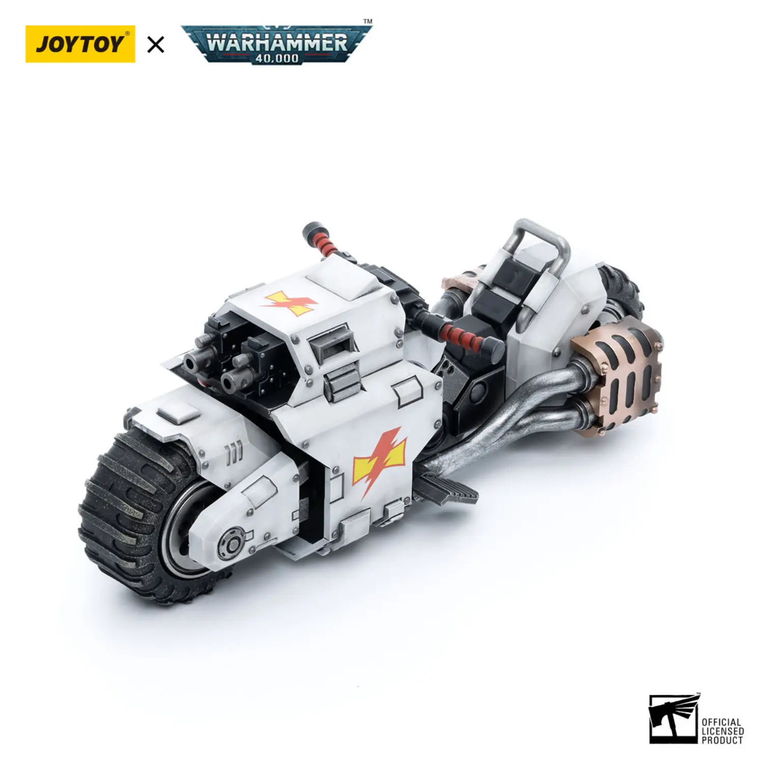 the upward left front of Action Figure Vehicle - White Scars Raider-pattern Combat Bike 1 18 - JOYTOY Warhammer 40K in white background The Upward Left Front Of Action Figure Vehicle White Scars Raider Pattern Combat Bike 1 18 Joytoy Warhammer 40k In White Background