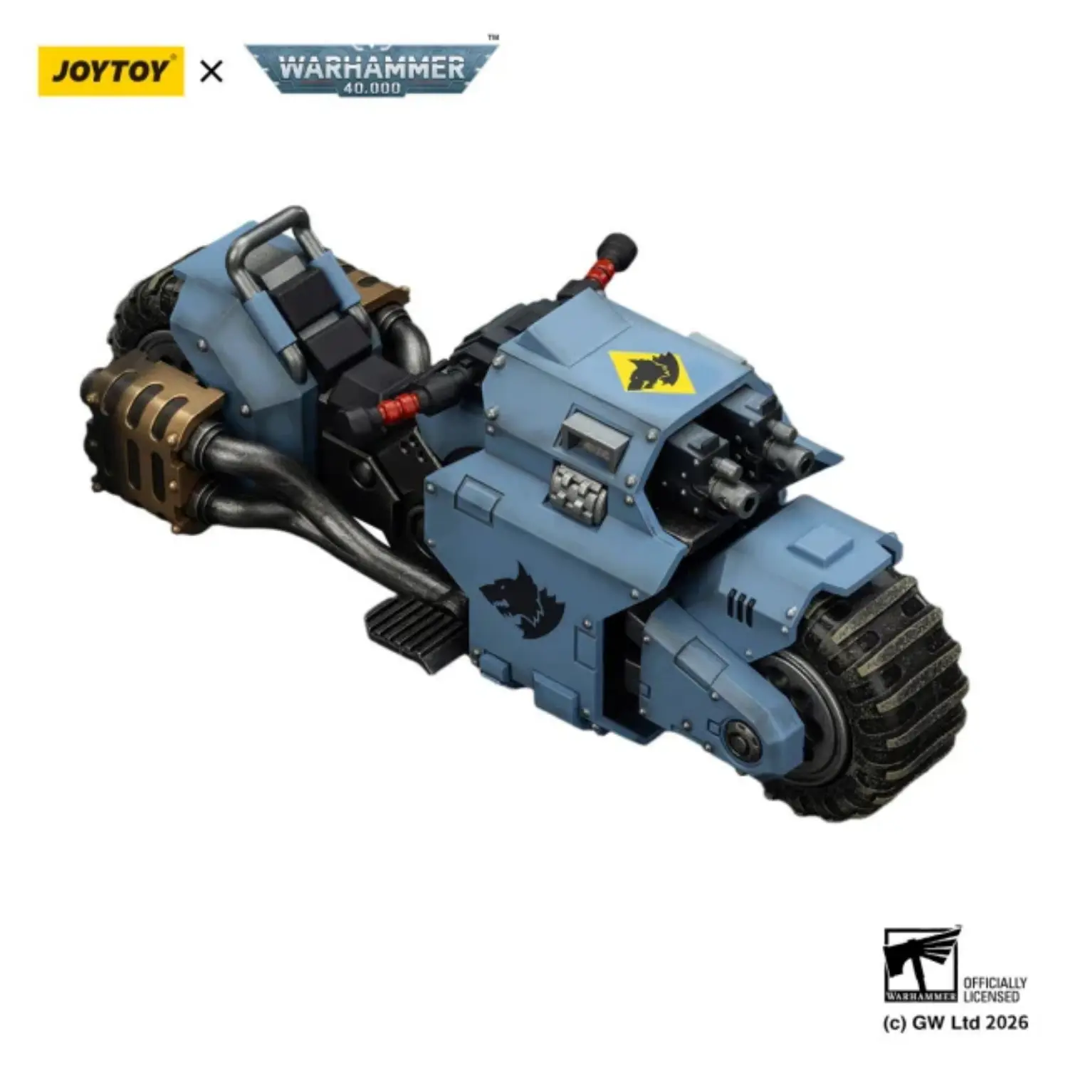 the upward left front of the Action Figure Vehicle - Space Wolves Raider-pattern Combat Bike with twin-linked bolt rifles 1 18 - JOYTOY Warhammer 40K in white background The Upward Left Front Of The Action Figure Vehicle Space Wolves Raider Pattern Combat Bike With Twin Linked Bolt Rifles 1 18 Joytoy Warhammer 40k In White Background
