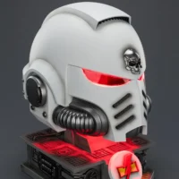 the upward left front side of the Action Figure - JOYTOY White Scars MkX Helmet & Display Stand 1 1 Life-Size Replica with red lighitng - Warhammer 40K rentangle image 10 the upward left front side of the Action Figure - JOYTOY White Scars MkX Helmet & Display Stand 1 1 Life-Size Replica with red lighitng - Warhammer 40K rentangle image 10