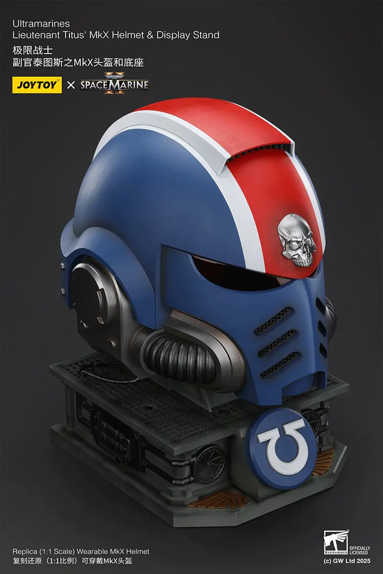 the upward right front of Action Figure Helmet - Ultramarines Lieutenant Titus' MkX Helmet & Display Stand 1 1 Life-Size Wearable Replica - JOYTOY Warhammer 40K rectangle image The Upward Right Front Of Action Figure Helmet Ultramarines Lieutenant Titus' Mkx Helmet & Display Stand 1 1 Life Size Wearable Replica Joytoy Warhammer 40k Rectangle Image