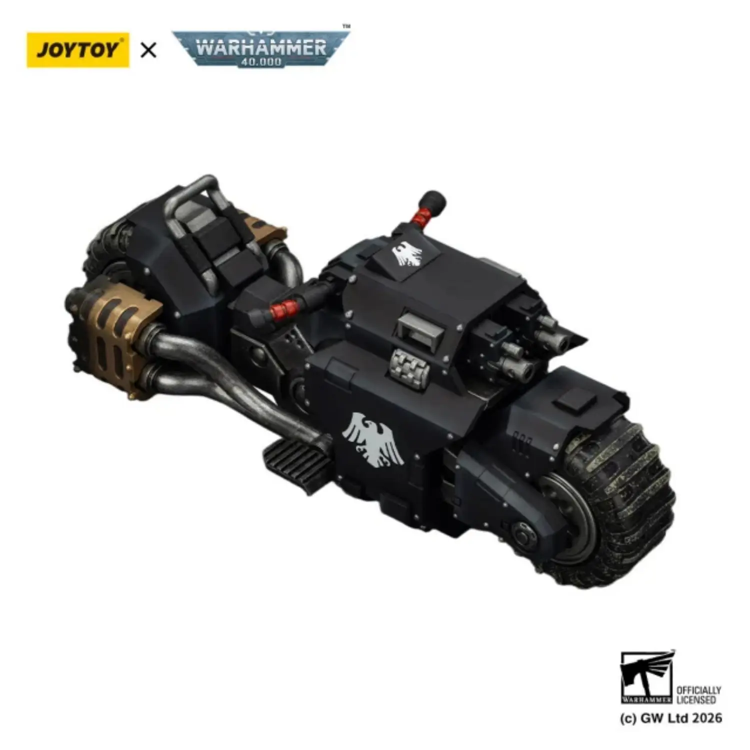 the upward right front of Action Figure Vehicle - Raven Guard Raider-pattern Combat Bike with twin-linked bolt rifles 1 18 - JOYTOY Warhammer 40K in white background The Upward Right Front Of Action Figure Vehicle Raven Guard Raider Pattern Combat Bike With Twin Linked Bolt Rifles 1 18 Joytoy Warhammer 40k In White Background