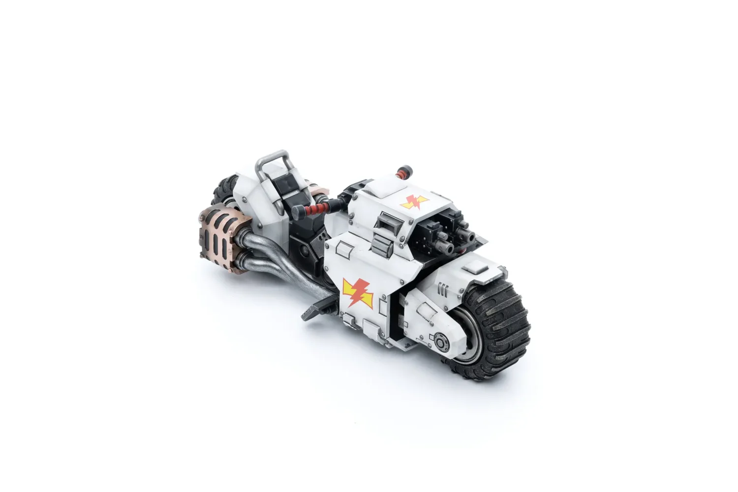 the upward right front of Action Figure Vehicle - White Scars Raider-pattern Combat Bike 1 18 - JOYTOY Warhammer 40K in white background rectangle image The Upward Right Front Of Action Figure Vehicle White Scars Raider Pattern Combat Bike 1 18 Joytoy Warhammer 40k In White Background Rectangle Image