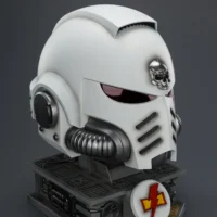 the upward right front side of the Action Figure - JOYTOY White Scars MkX Helmet & Display Stand 1 1 Life-Size Replica - Warhammer 40K rentangle image the upward right front side of the Action Figure - JOYTOY White Scars MkX Helmet & Display Stand 1 1 Life-Size Replica - Warhammer 40K rentangle image