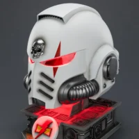 the upward right front side of the Action Figure - JOYTOY White Scars MkX Helmet & Display Stand 1 1 Life-Size Replica with red lighitng - Warhammer 40K rentangle image the upward right front side of the Action Figure - JOYTOY White Scars MkX Helmet & Display Stand 1 1 Life-Size Replica with red lighitng - Warhammer 40K rentangle image