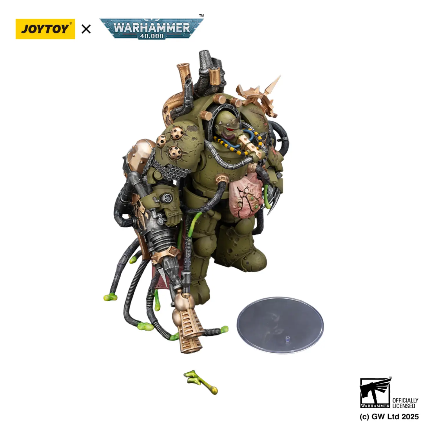 the upward side of ther Action Figure - JoyToy Death Guard Lord of Virulence with Power Fist and Twin Plague Spewer 1 18 - Warhammer 40K in white background the upward side of ther Action Figure - JoyToy Death Guard Lord of Virulence with Power Fist and Twin Plague Spewer 1 18 - Warhammer 40K in white background