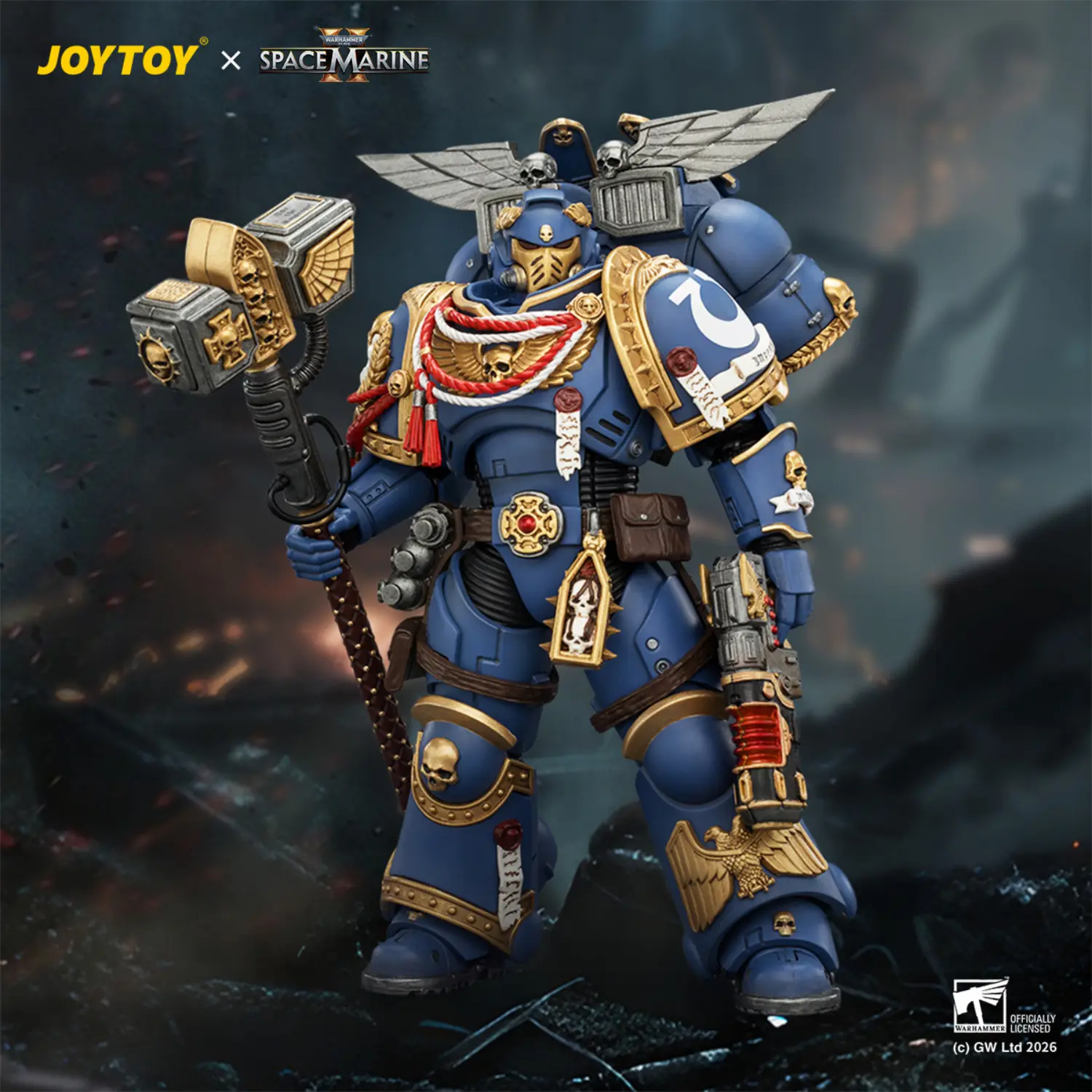 Action Figure - Game Edition Ultramarines Assault Intercessor with Jump Pack, Thunderhammer and Neo-volkite Pistol 1 18 - JOYTOY Warhammer 40K in battlefield background Action Figure Game Edition Ultramarines Assault Intercessor With Jump Pack, Thunderhammer And Neo Volkite Pistol 1 18 Joytoy Warhammer 40k In Battlefield Background