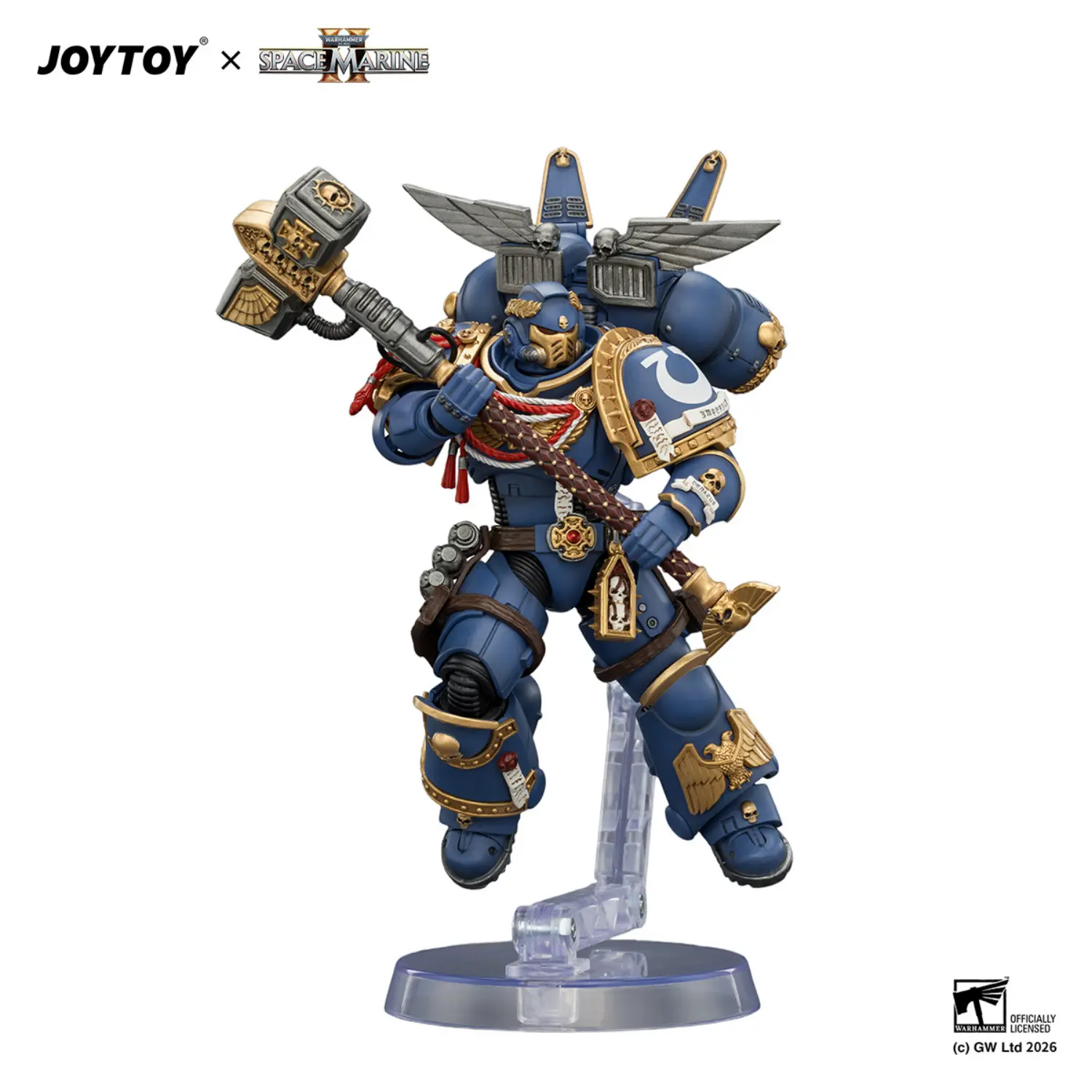 Action Figure - Game Edition Ultramarines Assault Intercessor with Jump Pack, Thunderhammer and Neo-volkite Pistol on display stand 1 18 - JOYTOY Warhammer 40K in white background Action Figure Game Edition Ultramarines Assault Intercessor With Jump Pack, Thunderhammer And Neo Volkite Pistol On Display Stand 1 18 Joytoy Warhammer 40k In White Background