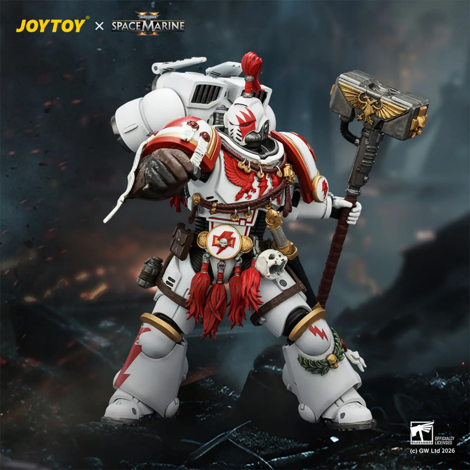 Action Figure - Game Edition White Scars Assault Intercessor Champion with Thunder Hammer and Bolt Pistol in battlefield background 1 18 - JOYTOY Warhammer 40K Action Figure Game Edition White Scars Assault Intercessor Champion With Thunder Hammer And Bolt Pistol In Battlefield Background 1 18 Joytoy Warhammer 40k