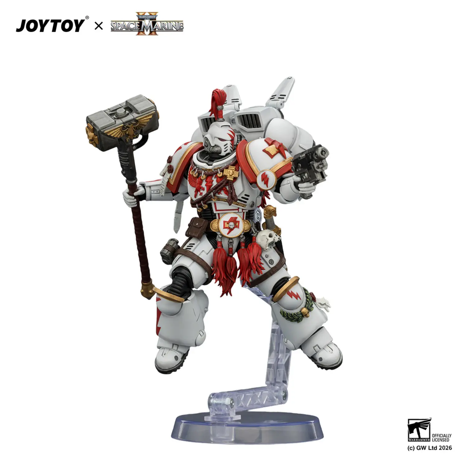 Action Figure - Game Edition White Scars Assault Intercessor Champion with Thunder Hammer and Bolt Pistol on display stand 1 18 - JOYTOY Warhammer 40K in white background Action Figure Game Edition White Scars Assault Intercessor Champion With Thunder Hammer And Bolt Pistol On Display Stand 1 18 Joytoy Warhammer 40k In White Background