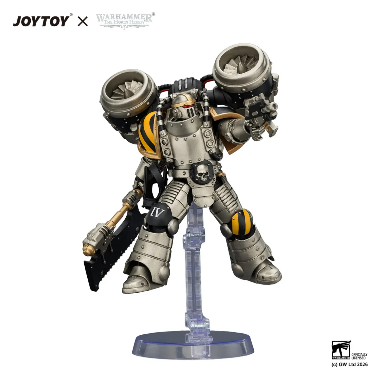 Action Figure Iron Warriors Mkii Assault Legionary 2 With Bolt Pistol & Heavy Chain Axe On Display Stand 1 18 Jotyoy Warhammer The Horus Heresy In White Background
