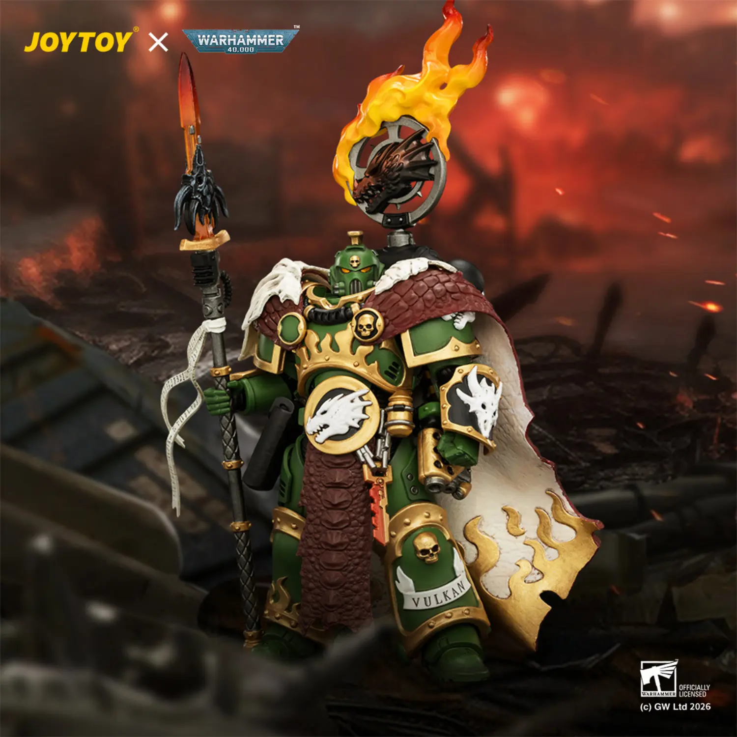 Action Figure - Salamanders Vulkan He'stan, the Forgefather with the Spear of Vulkan and the Gauntlet of the Forge 1 18 - JOYTOY Warhammer 40K in battlefield background Action Figure Salamanders Vulkan He'stan, The Forgefather With The Spear Of Vulkan And The Gauntlet Of The Forge 1 18 Joytoy Warhammer 40k In Battlefield Background
