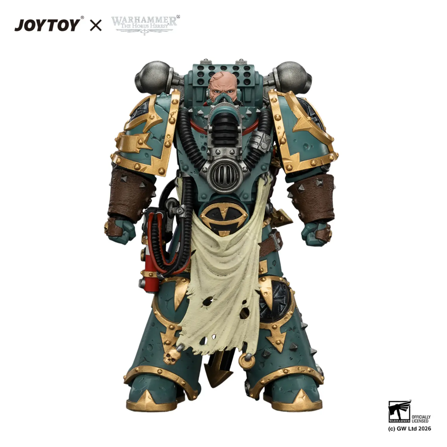 Action Figure Sons Of Horus Maloghurst The Twisted, The Warmaster's Equerry With Legion Standard And Banestrike Bolter 1 18 Jotyoy Warhammer The Horus Heresy In White Background 1