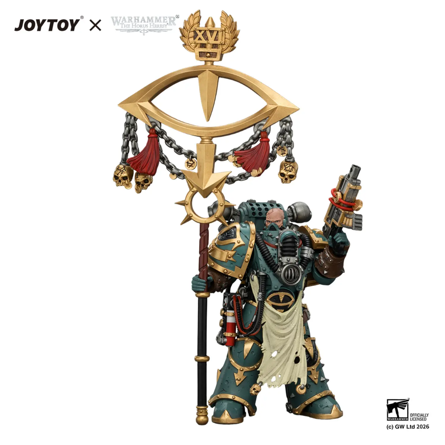 Action Figure Sons Of Horus Maloghurst The Twisted, The Warmaster's Equerry With Legion Standard And Banestrike Bolter 1 18 Jotyoy Warhammer The Horus Heresy In White Background 3
