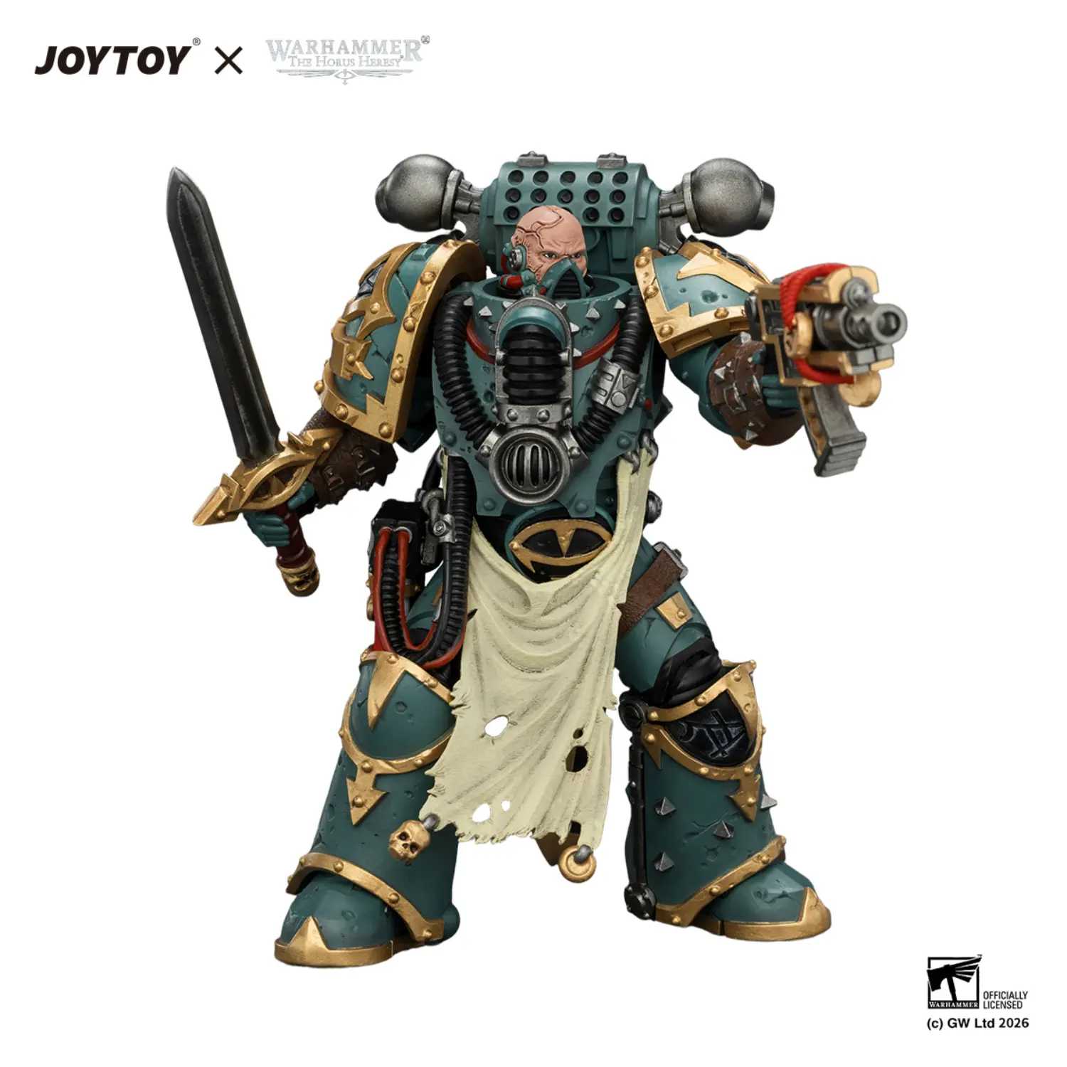 Action Figure Sons Of Horus Maloghurst The Twisted, The Warmaster's Equerry With Legion Standard And Banestrike Bolter 1 18 Jotyoy Warhammer The Horus Heresy In White Background 4