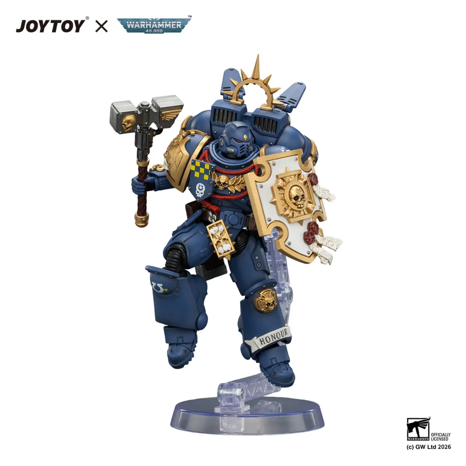Action Figure - Ultramarines Captain with Jump Pack and Relic Shield on display stand 1 18 - JOYTOY Warhammer 40K in white background Action Figure Ultramarines Captain With Jump Pack And Relic Shield On Display Stand 1 18 Joytoy Warhammer 40k In White Background
