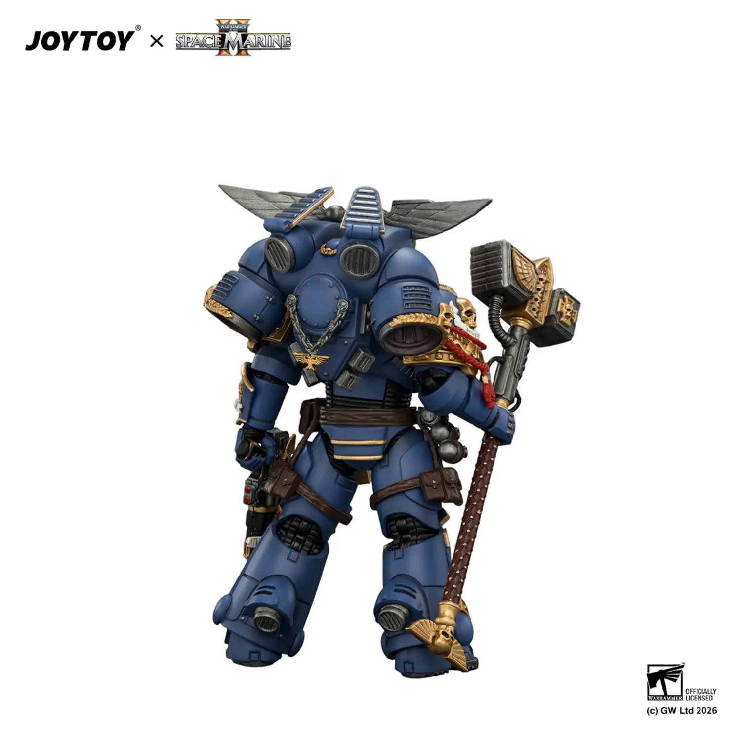 the back of Action Figure - Game Edition Ultramarines Assault Intercessor with Jump Pack, Thunderhammer and Neo-volkite Pistol 1 18 - JOYTOY Warhammer 40K in white background The Back Of Action Figure Game Edition Ultramarines Assault Intercessor With Jump Pack, Thunderhammer And Neo Volkite Pistol 1 18 Joytoy Warhammer 40k In White Background