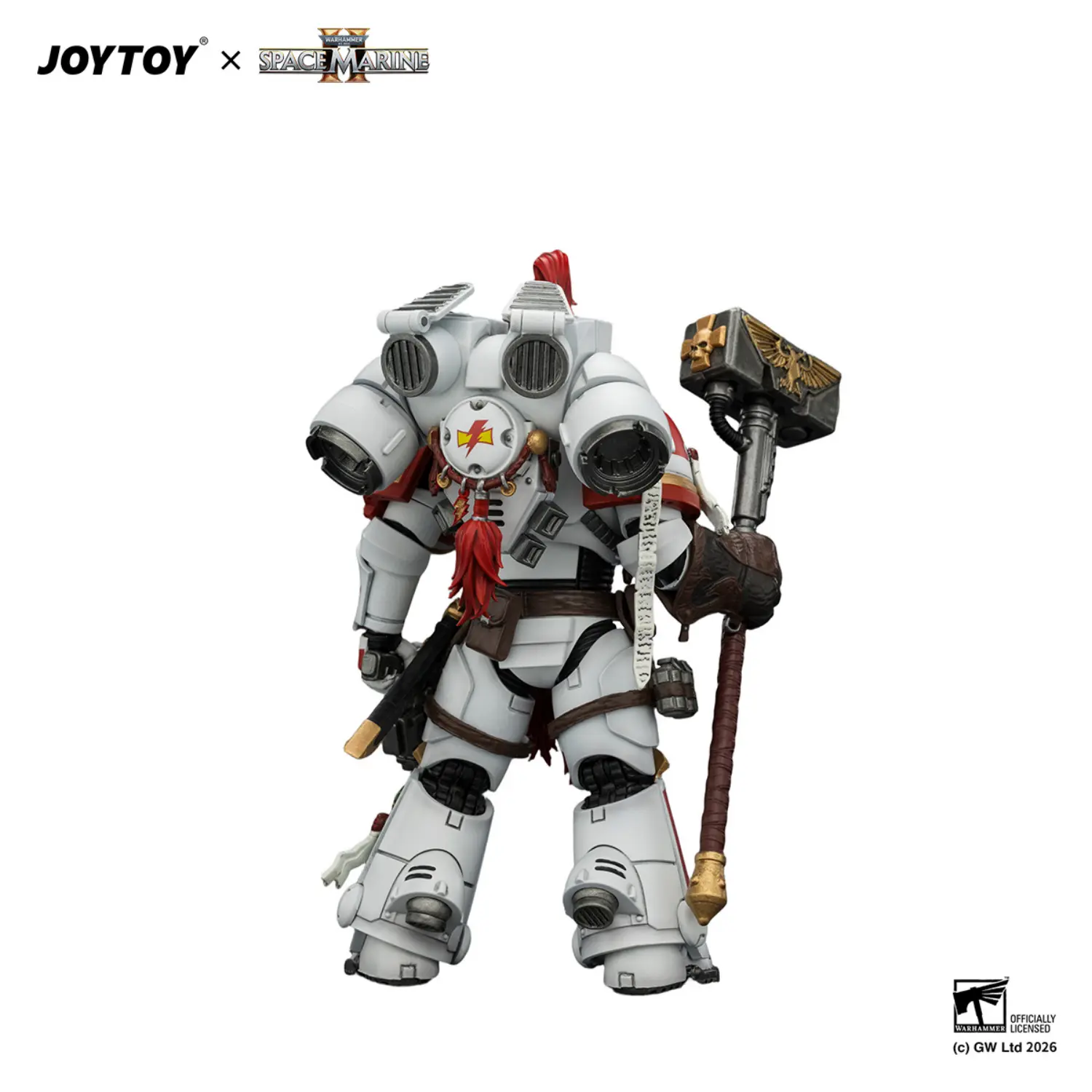 the back of Action Figure - Game Edition White Scars Assault Intercessor Champion with Thunder Hammer and Bolt Pistol 1 18 - JOYTOY Warhammer 40K in white background The Back Of Action Figure Game Edition White Scars Assault Intercessor Champion With Thunder Hammer And Bolt Pistol 1 18 Joytoy Warhammer 40k In White Background