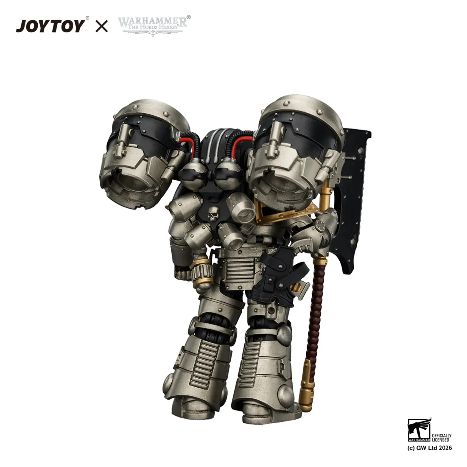 The Back Of Action Figure Iron Warriors Mkii Assault Legionary 2 With Bolt Pistol & Heavy Chain Axe 1 18 Jotyoy Warhammer The Horus Heresy In White Background