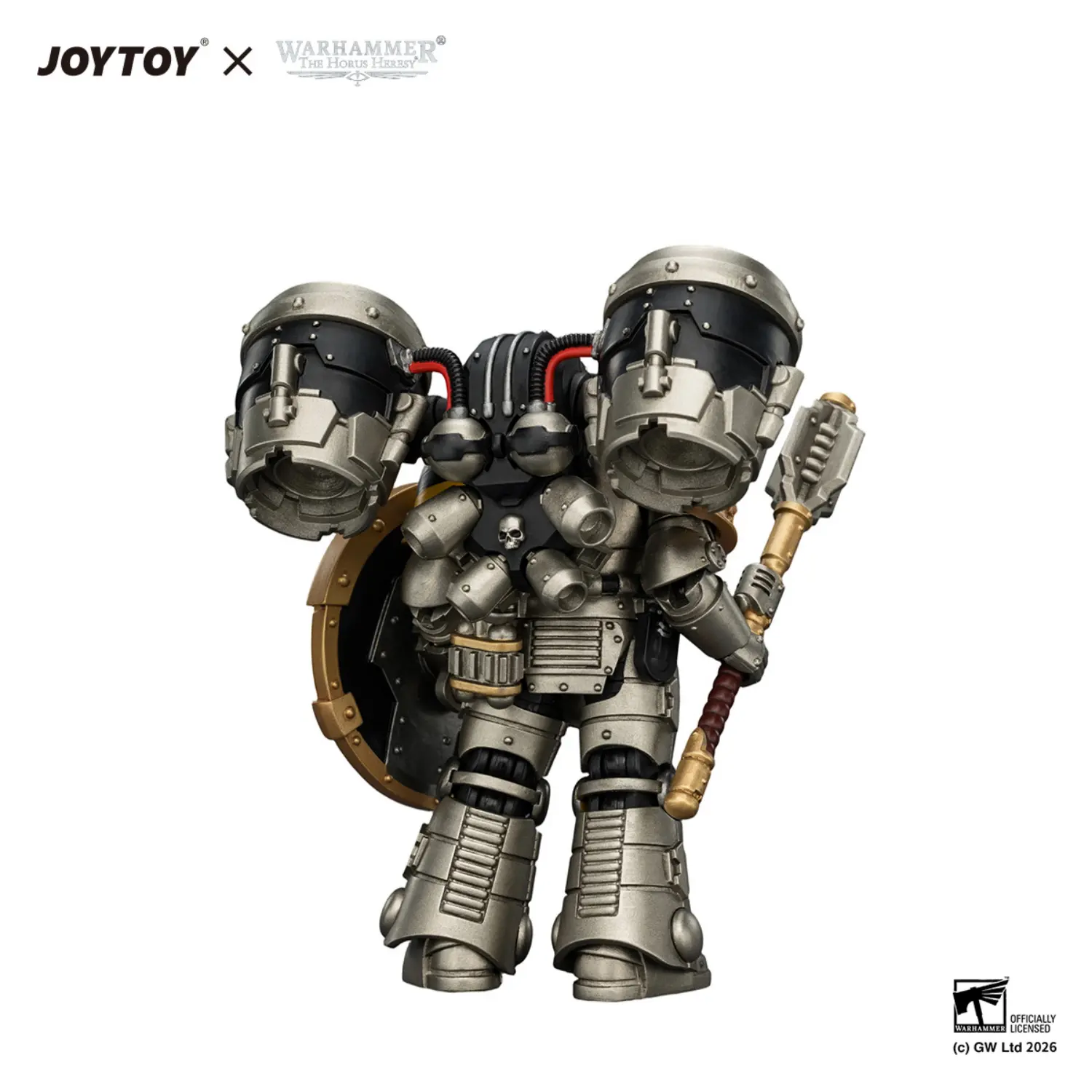 the back of Action Figure - Iron Warriors MKII Assault Sergeant with Disintegrator Pistol, Power Maul & Combat Shield 1 18 - JOTYOY Warhammer The Horus Heresy in white background The Back Of Action Figure Iron Warriors Mkii Assault Sergeant With Disintegrator Pistol, Power Maul & Combat Shield 1 18 Jotyoy Warhammer The Horus Heresy In White Background