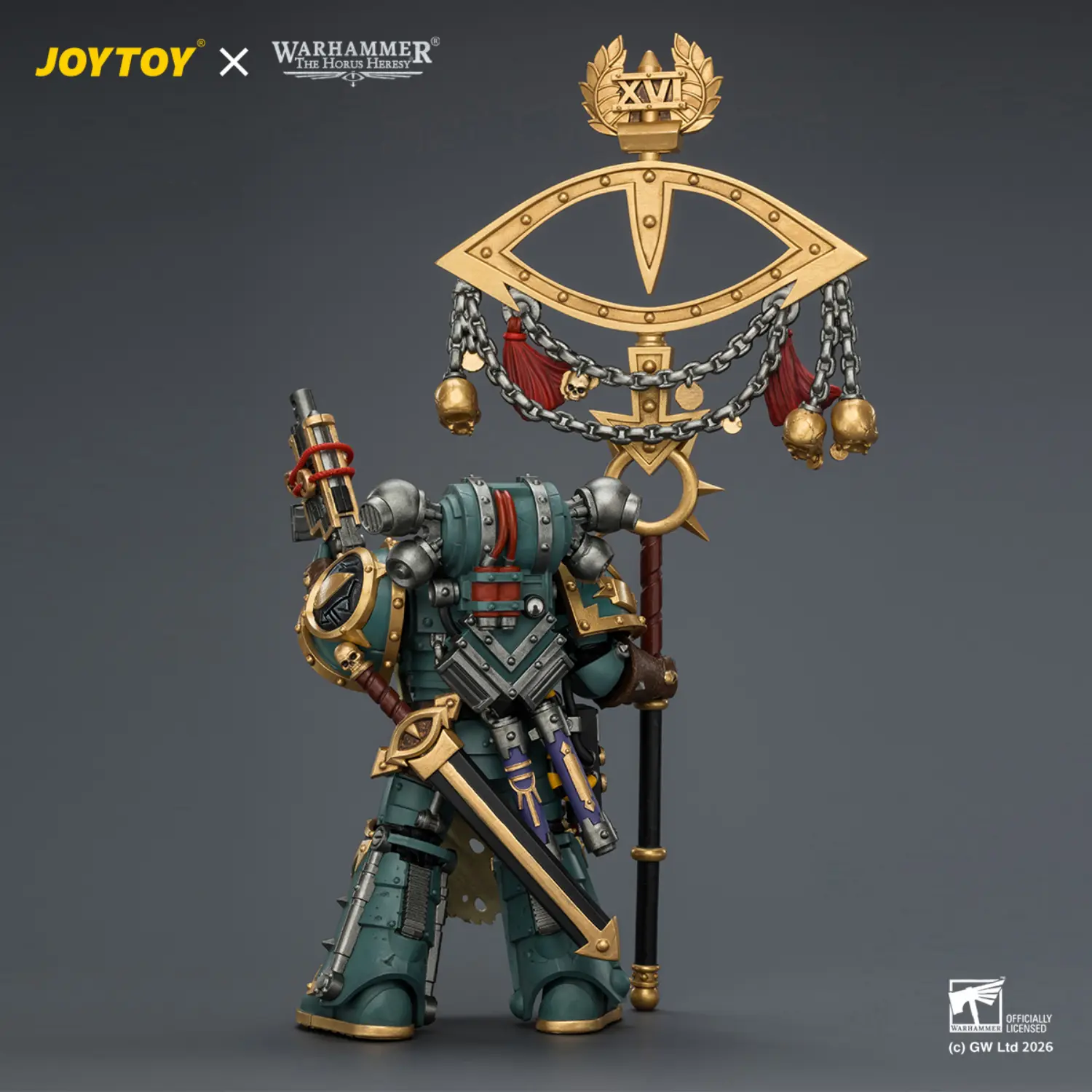 The Back Of Action Figure Sons Of Horus Maloghurst The Twisted, The Warmaster's Equerry With Legion Standard And Banestrike Bolter 1 18 Jotyoy Warhammer The Horus Heresy